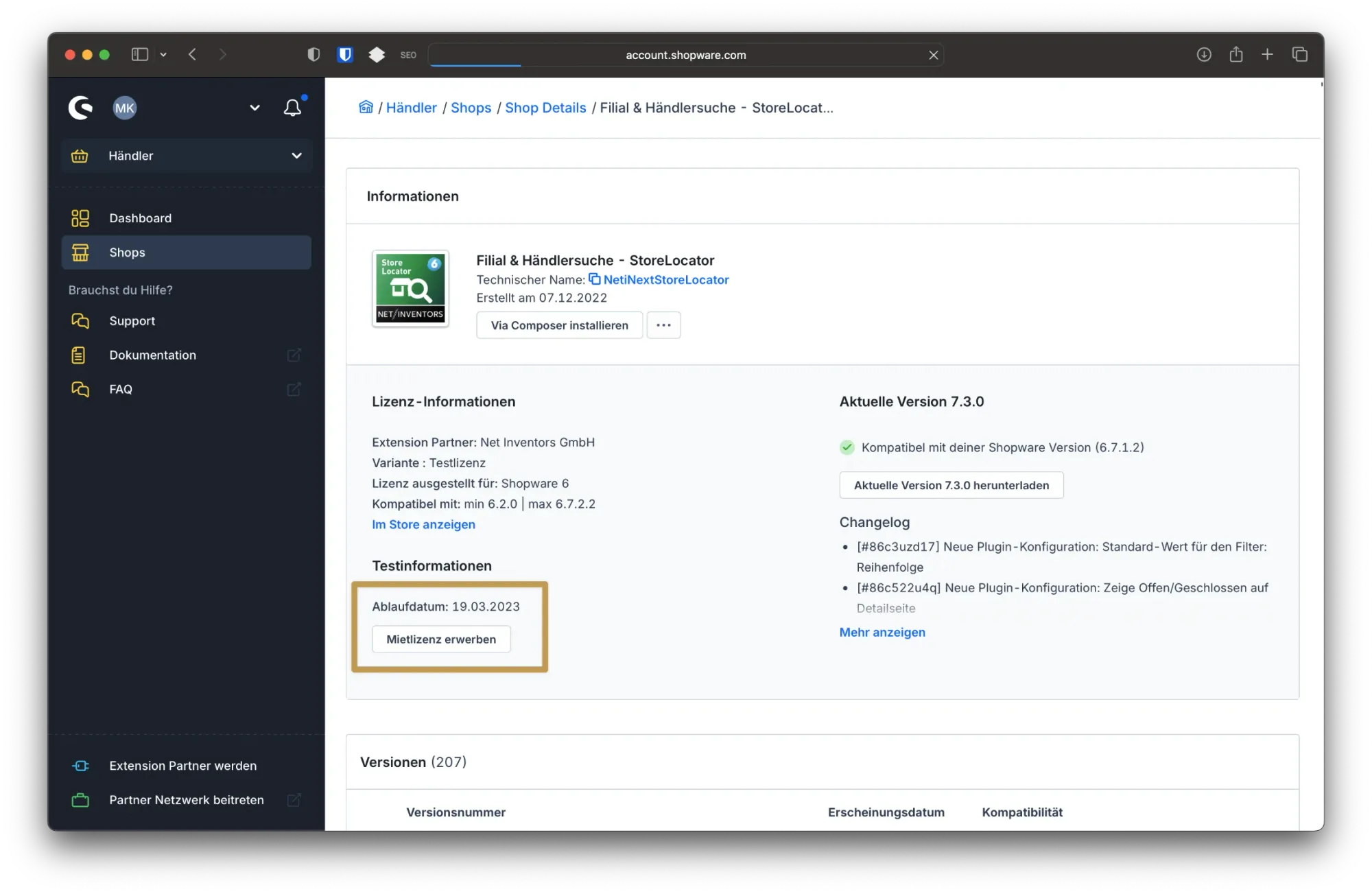 Hinweis: Unlizenzierte Erweiterung in der Installation!